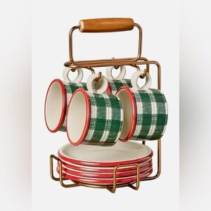 Hearth & Hand Magnolia Hot Cocoa Set 9-Piece Stoneware Plaid Mugs Caddy